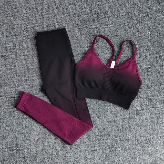 Ombre Gym Set Women Sport Suit Fitness Wear Sportswear Seamless Leggings Padded Sports Bras Yoga Sets Workout Clothing